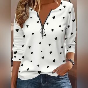 Women's Heart Print Pattern Long Sleeve T-shirt Scoop Neck Zip Front Sz 5X